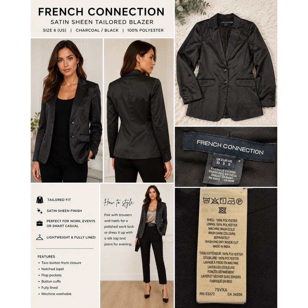 French Connection Black Satin Sheen Tailored Blazer Jacket Size 6